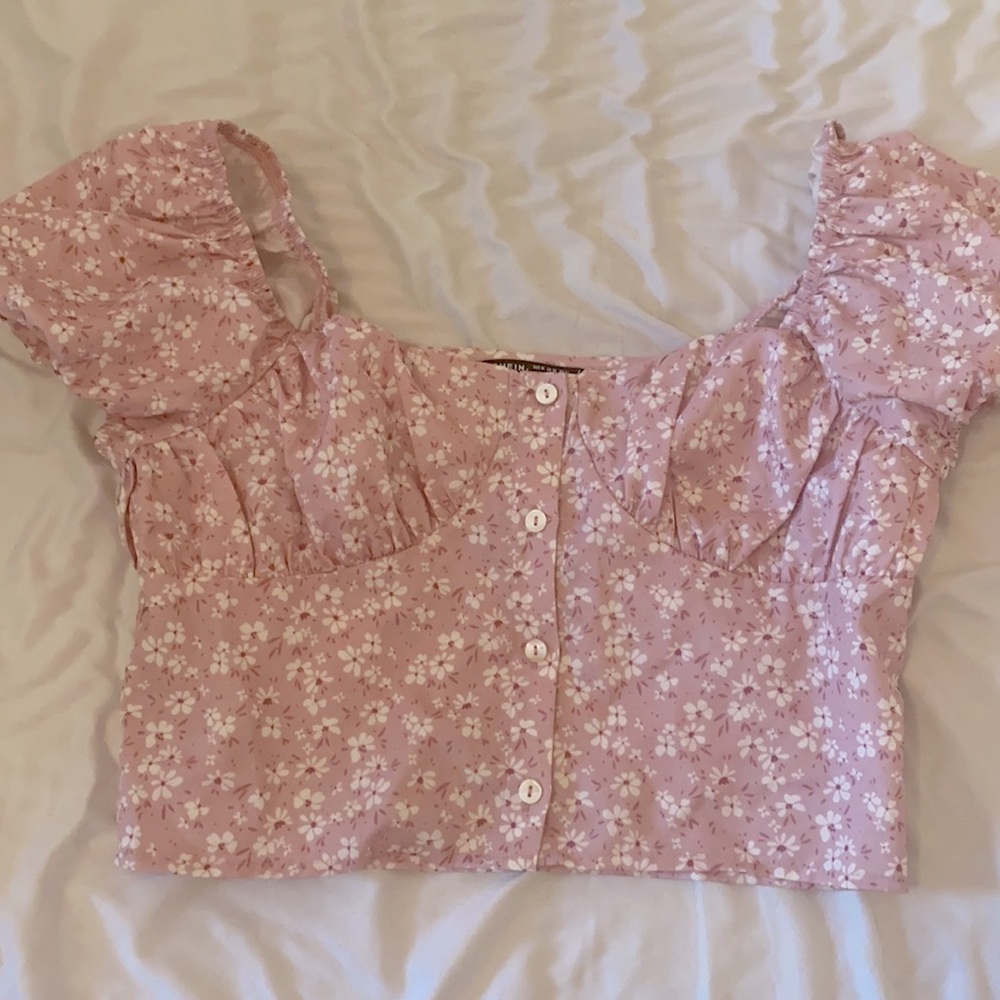 Shein Floral Pink Button Up Crop Top (can be off the shoulder, read description)